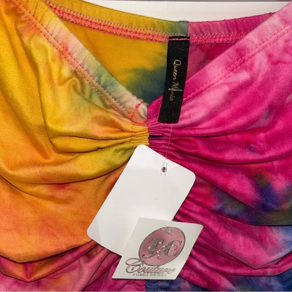 NWT Tie Dye Ruched Off Shoulder Bell Sleeve Bodycon Mini Dress S Festival - Picture 9 of 10